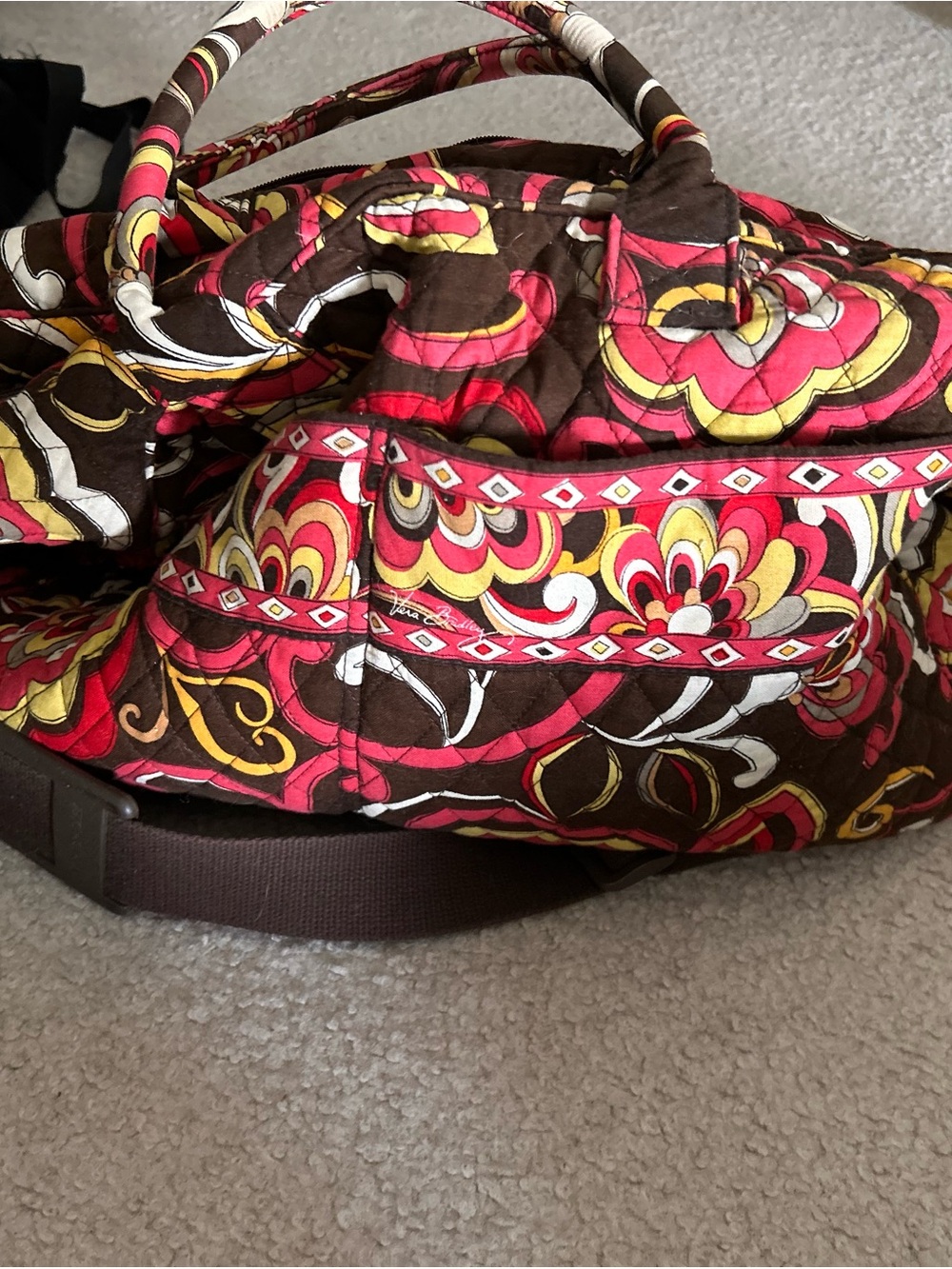 Vera Bradley Brown Tote with Pink and Yellow Floral Print